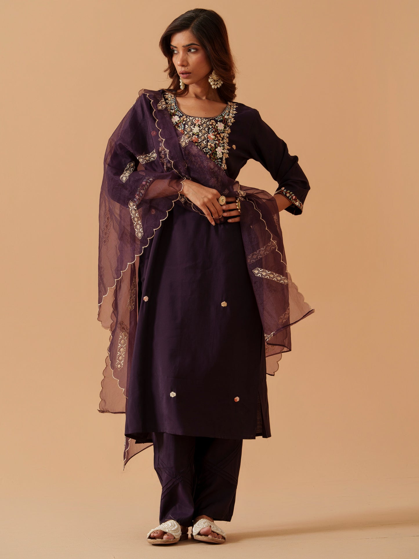 Round Neck Embroidered Kurta With Trousers & Dupatta