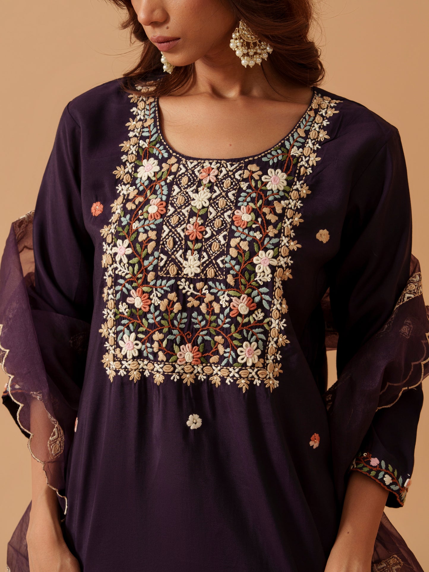 Round Neck Embroidered Kurta With Trousers & Dupatta