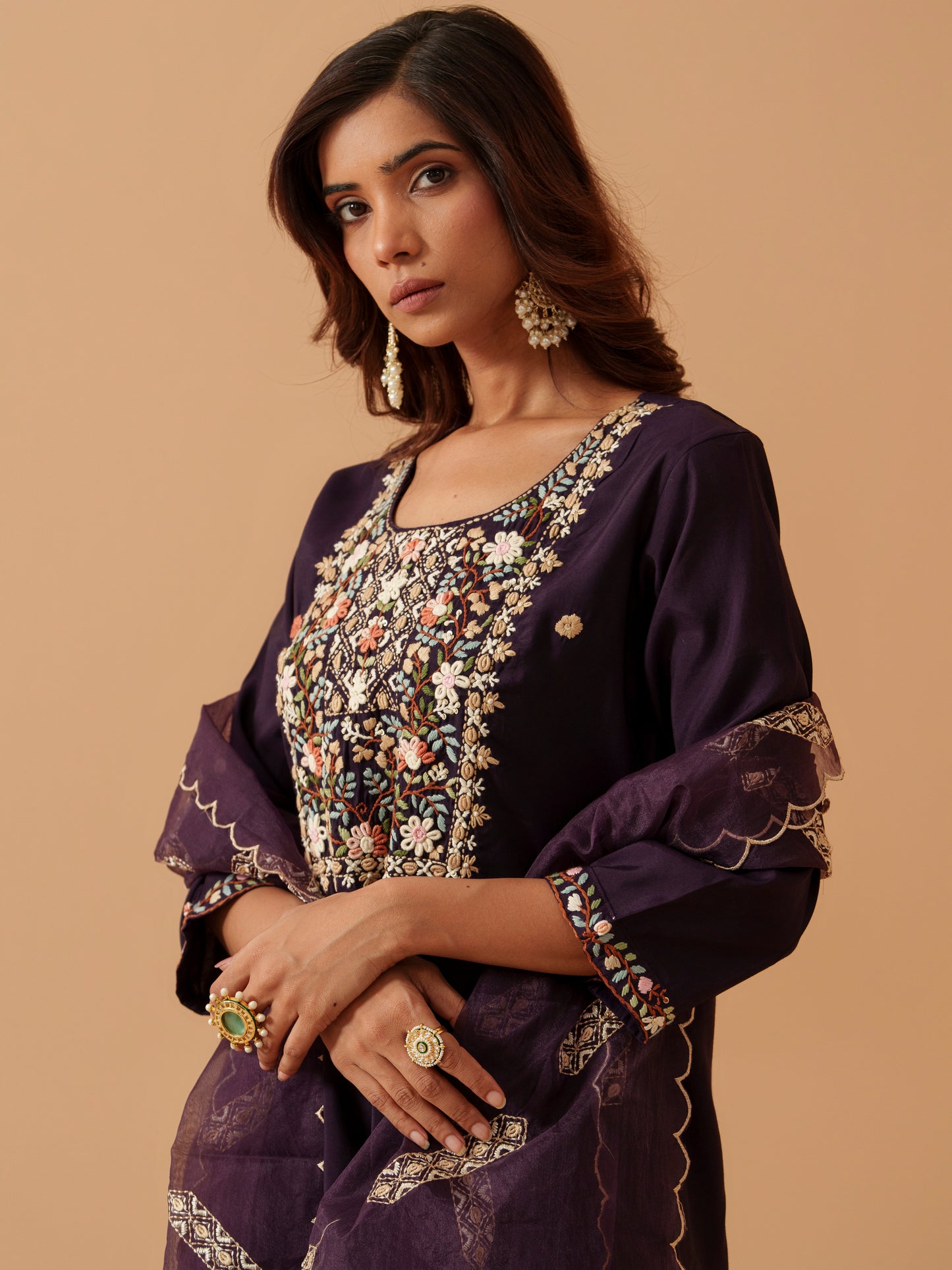 Round Neck Embroidered Kurta With Trousers & Dupatta