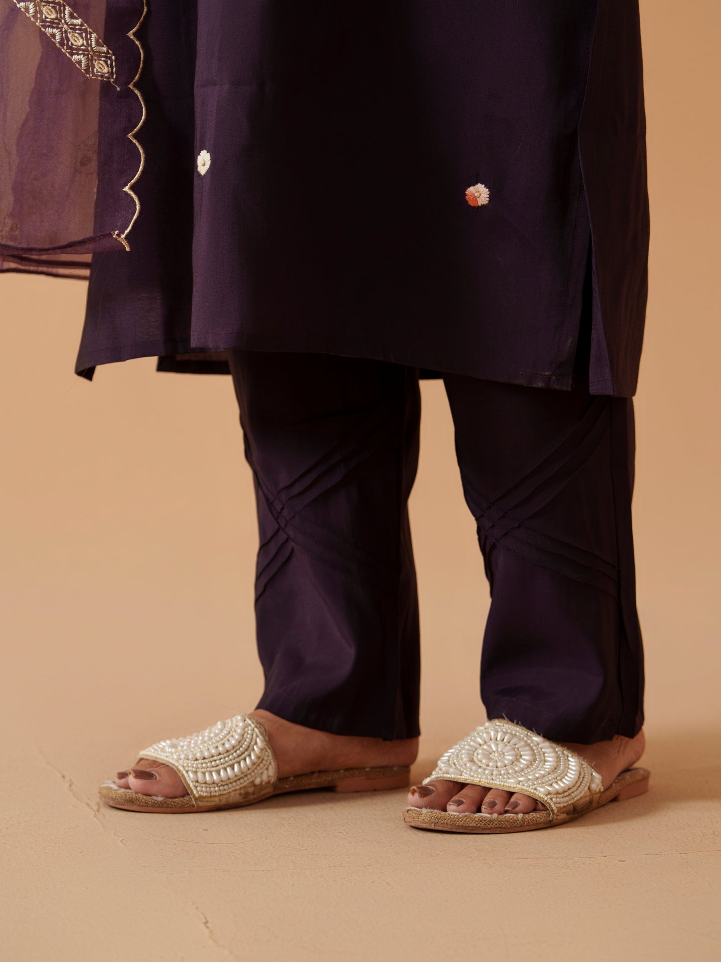 Round Neck Embroidered Kurta With Trousers & Dupatta