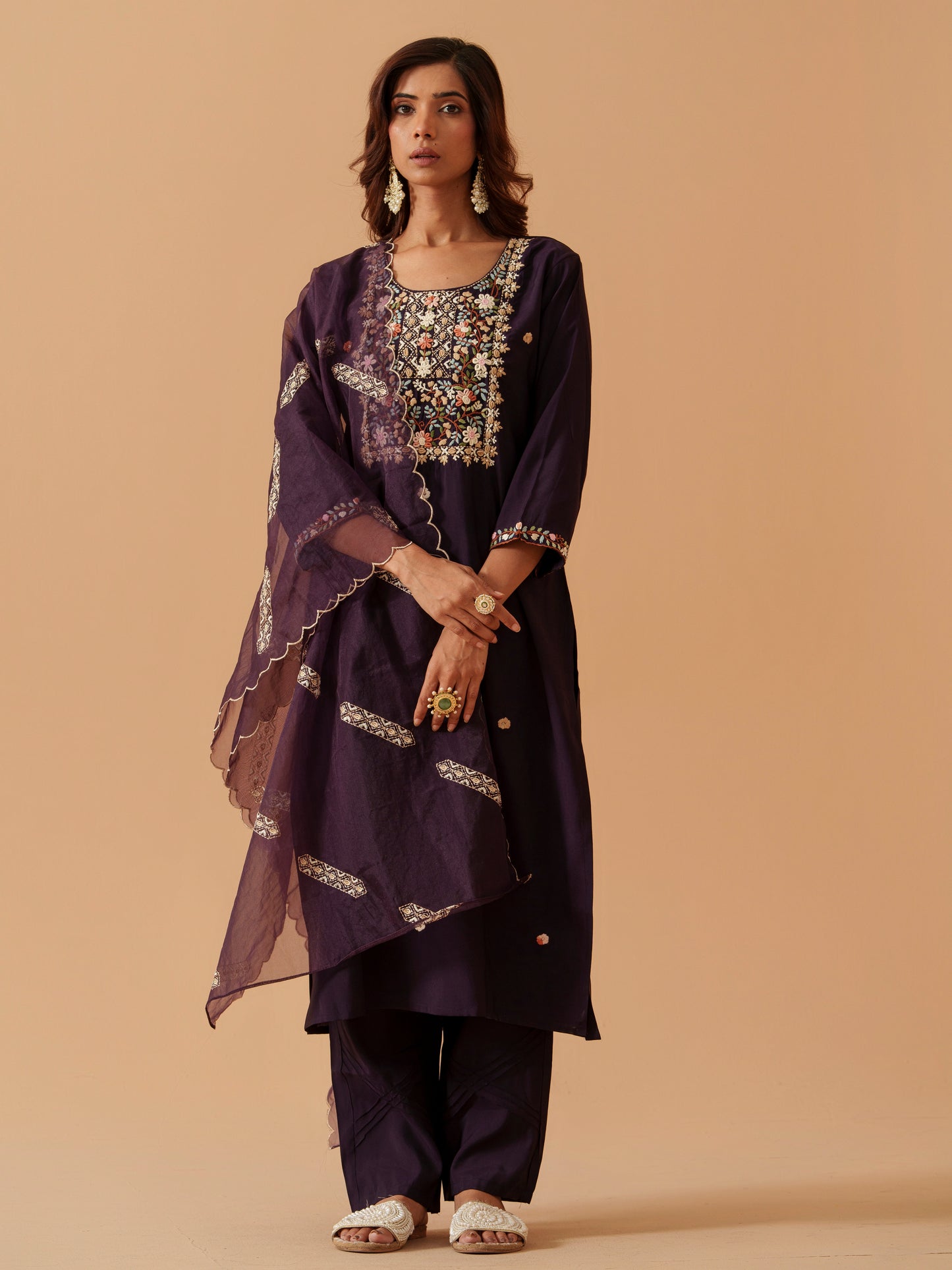 Round Neck Embroidered Kurta With Trousers & Dupatta