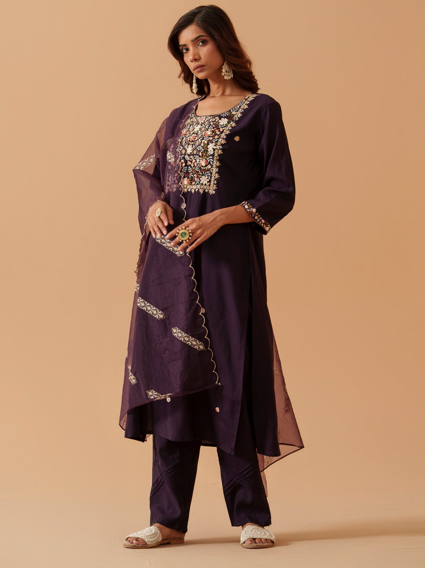 Round Neck Embroidered Kurta With Trousers & Dupatta