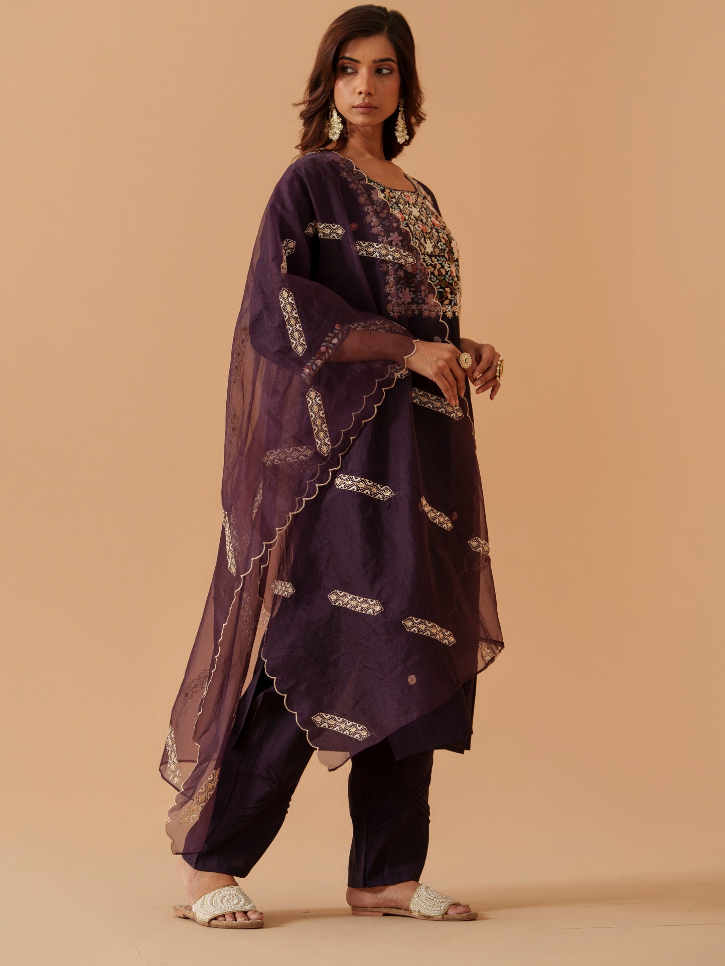 Round Neck Embroidered Kurta With Trousers & Dupatta