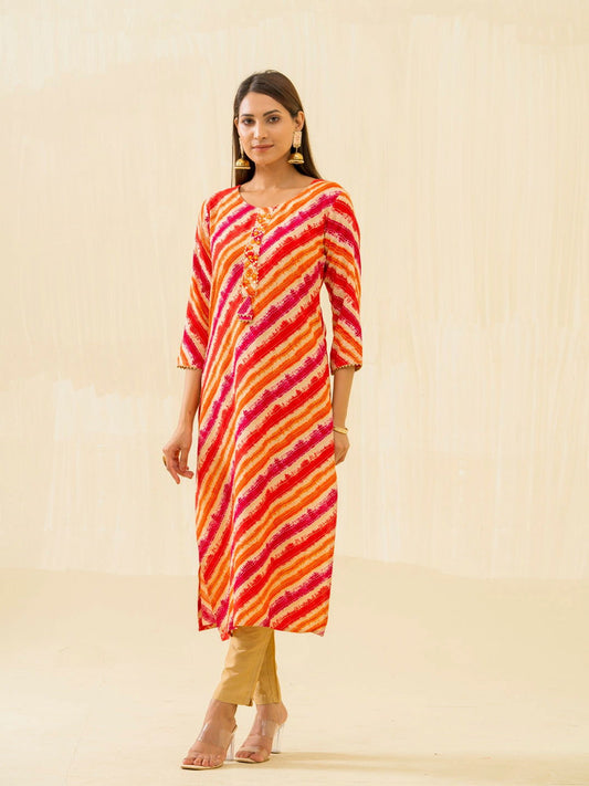 Leheriya Printed Round Neck Gotta Patti Straight Kurta - Buy Best Ethnic Wear for Women & Girls | Daily Woman -