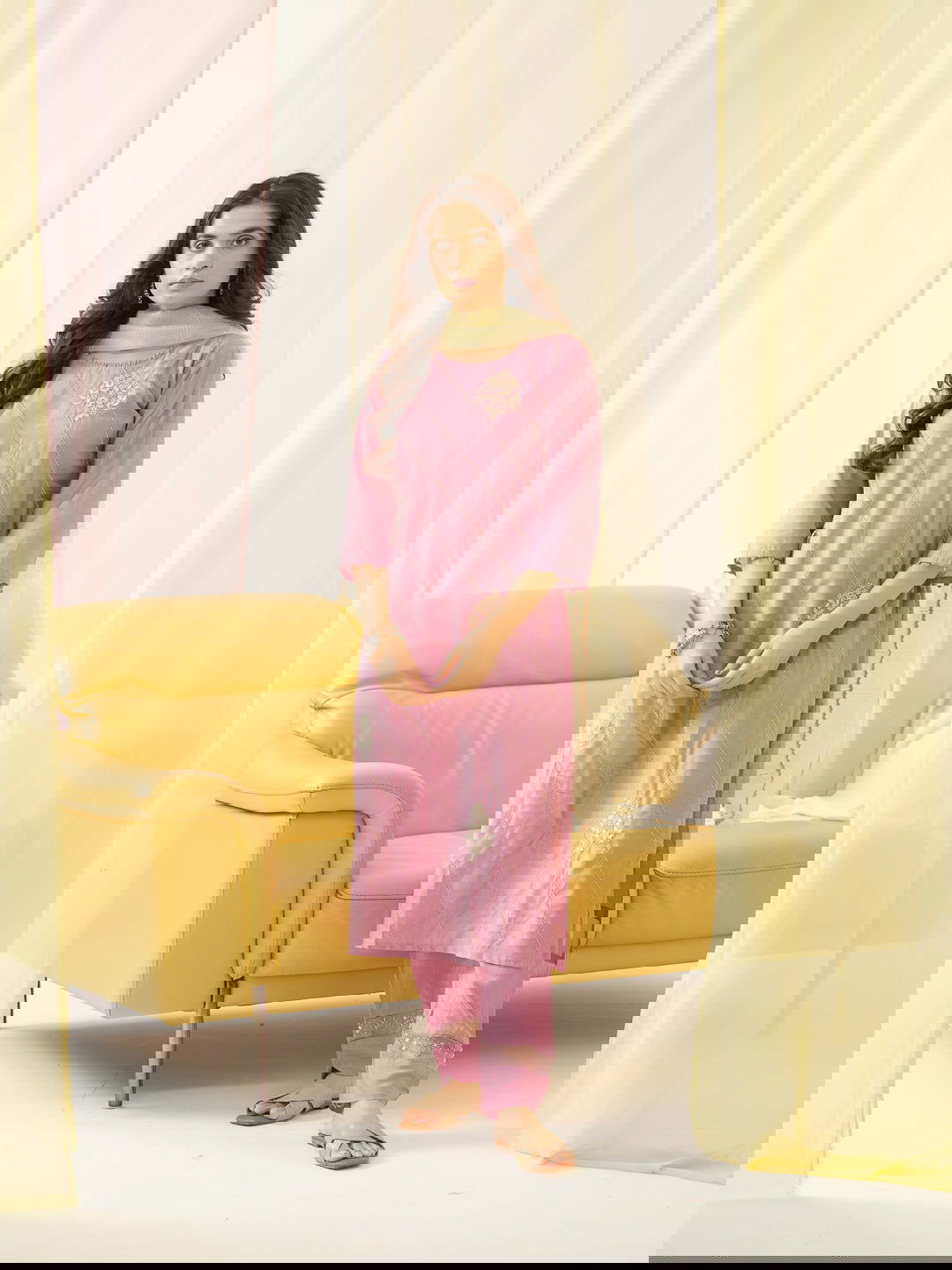 Light Pink Embroidered Woven Design Straight Kurta and Trousers With Dupatta - Buy Best Ethnic Wear for Women & Girls | Daily Woman -