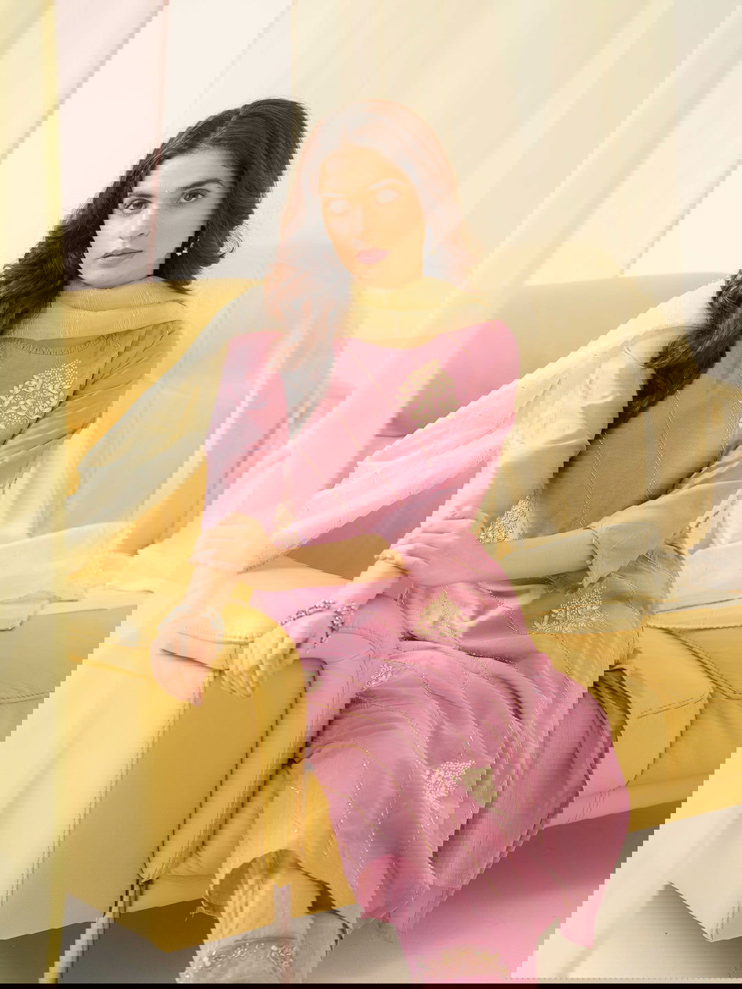 Light Pink Embroidered Woven Design Straight Kurta and Trousers With Dupatta - Buy Best Ethnic Wear for Women & Girls | Daily Woman -