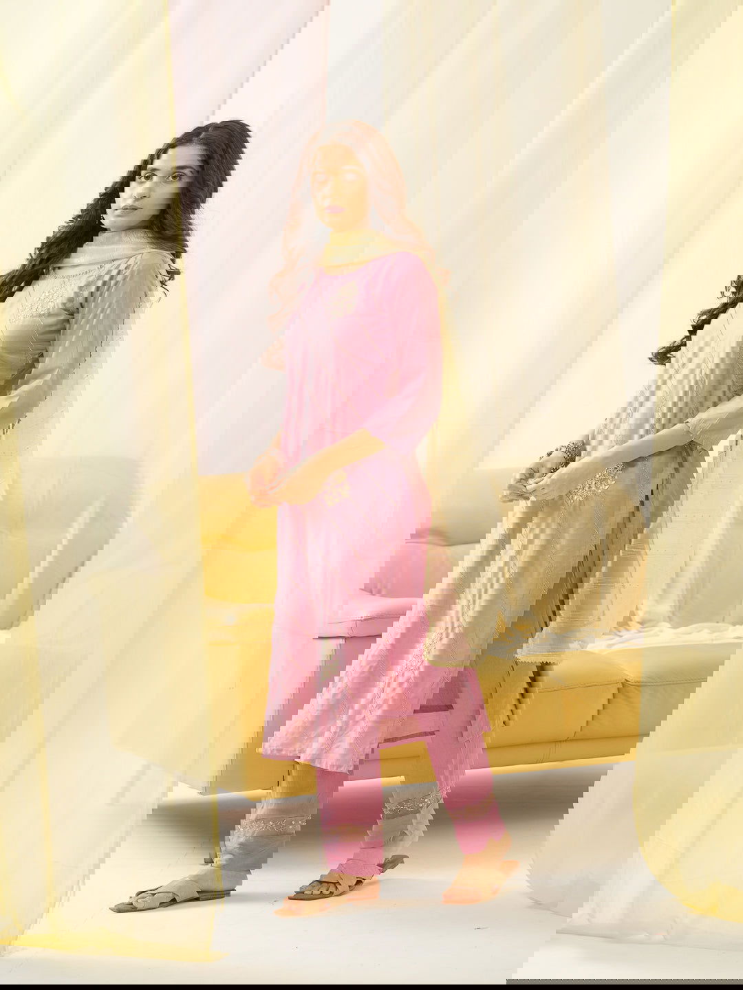 Light Pink Embroidered Woven Design Straight Kurta and Trousers With Dupatta - Buy Best Ethnic Wear for Women & Girls | Daily Woman -