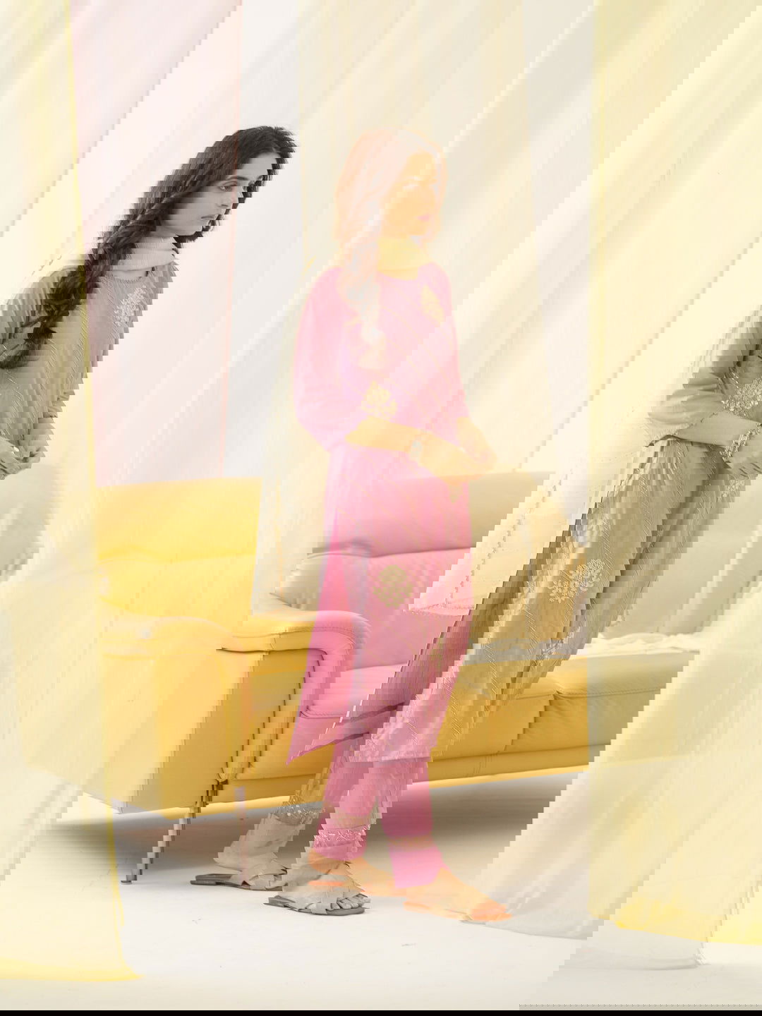 Light Pink Embroidered Woven Design Straight Kurta and Trousers With Dupatta - Buy Best Ethnic Wear for Women & Girls | Daily Woman -