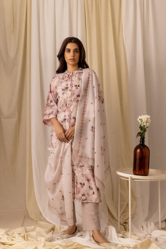 Linen Burgundy Floral Printed Beads And Stones Kurta With Trouser & Dupatta - Buy Best Ethnic Wear for Women & Girls | Daily Woman -