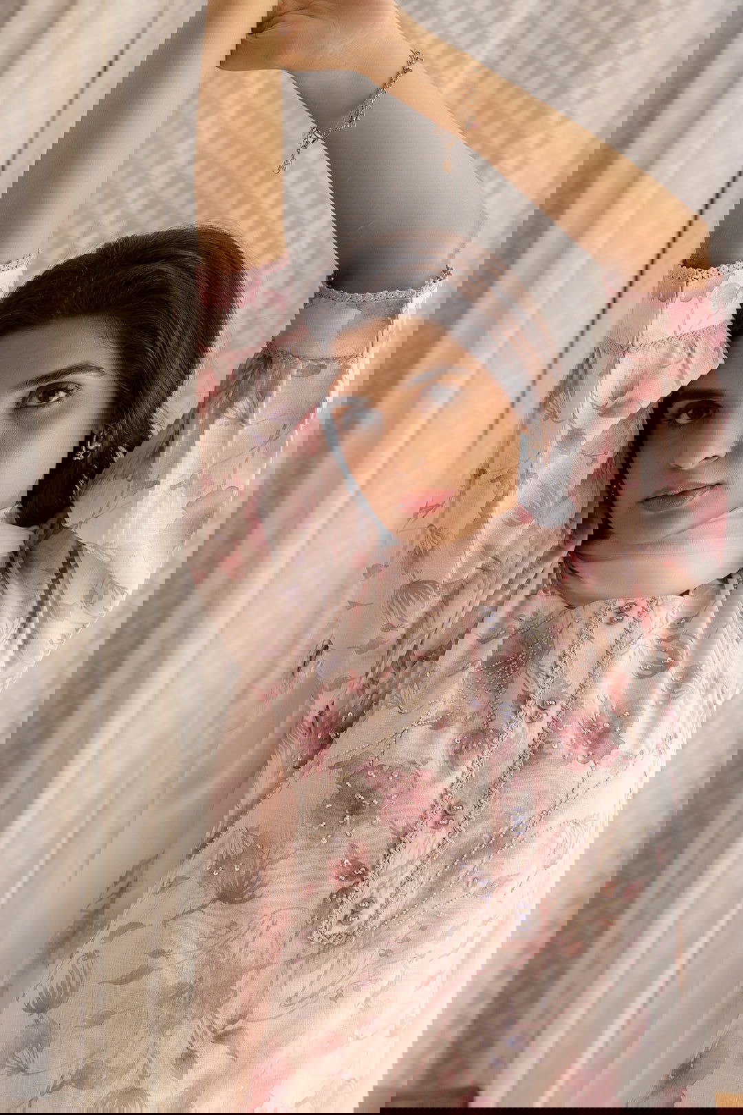 Linen Peach & Pink Floral Printed Flared Kurta With Trouser & Dupatta - Buy Best Ethnic Wear for Women & Girls | Daily Woman -