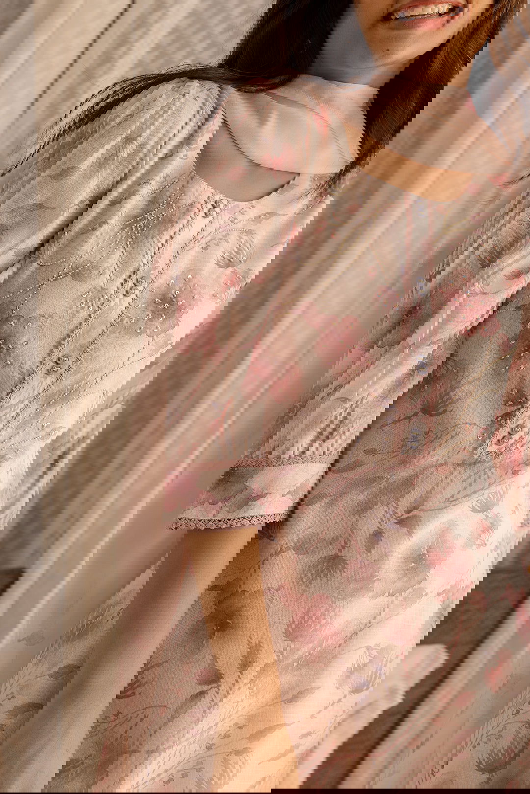 Linen Peach & Pink Floral Printed Flared Kurta With Trouser & Dupatta - Buy Best Ethnic Wear for Women & Girls | Daily Woman -