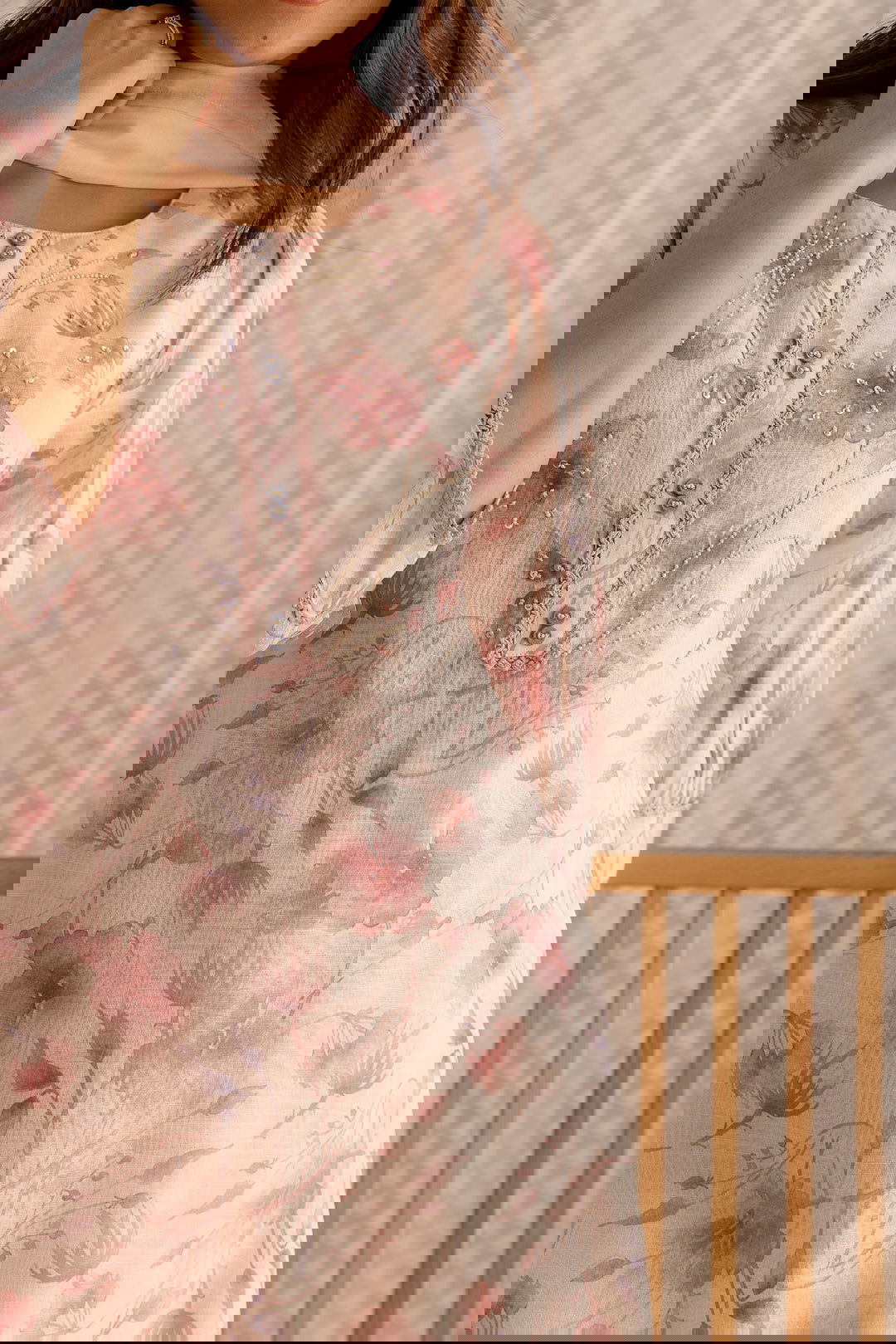 Linen Peach & Pink Floral Printed Flared Kurta With Trouser & Dupatta - Buy Best Ethnic Wear for Women & Girls | Daily Woman -