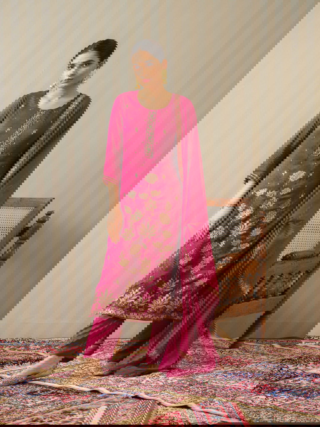 Magenta Pink Floral Embroidered Straight Kurta and Trousers With Dupatta - Buy Best Ethnic Wear for Women & Girls | Daily Woman -