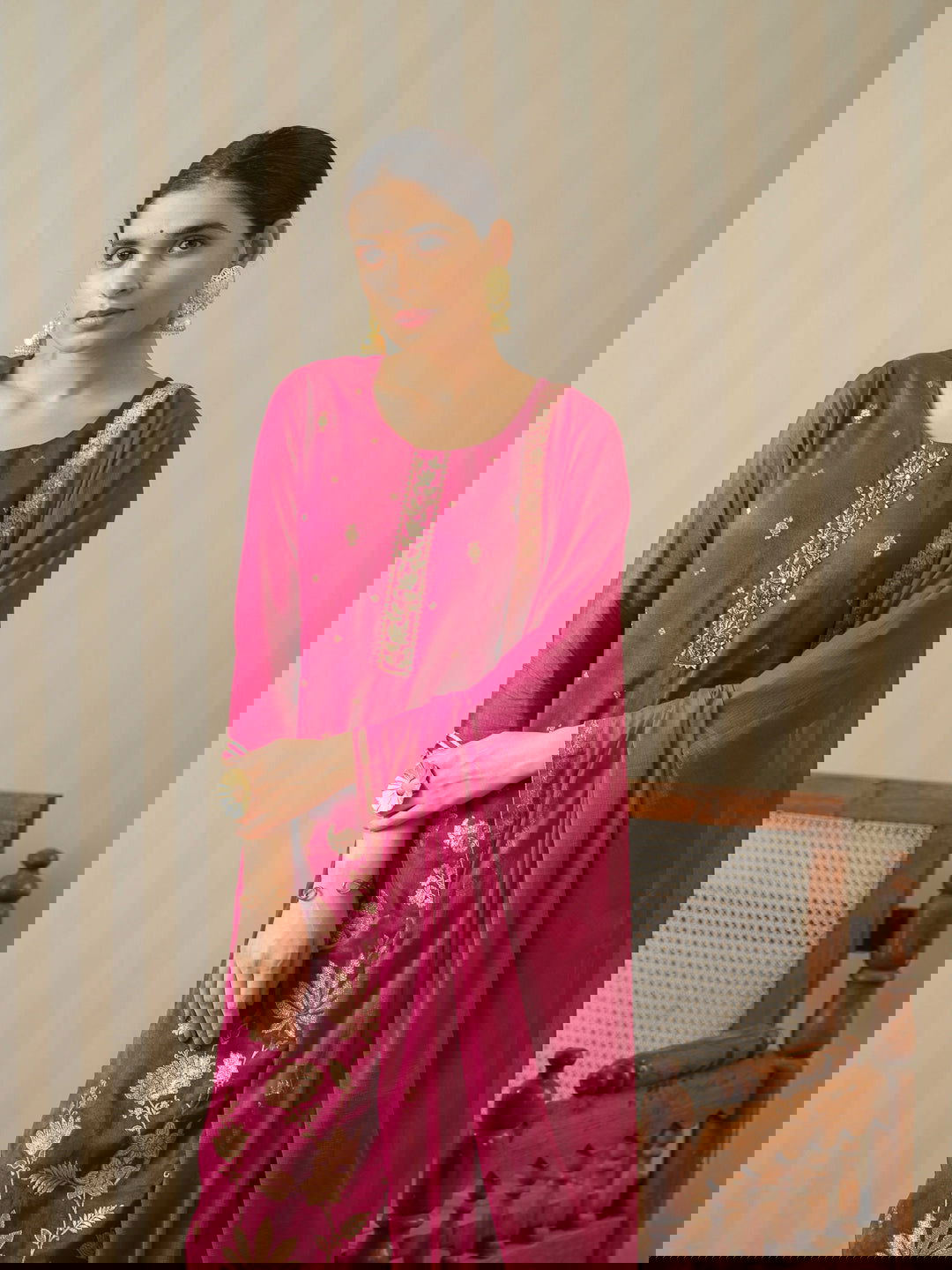 Magenta Pink Floral Embroidered Straight Kurta and Trousers With Dupatta - Buy Best Ethnic Wear for Women & Girls | Daily Woman -