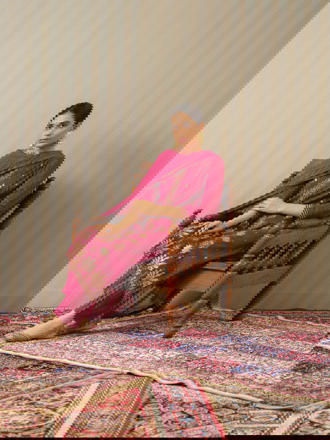 Magenta Pink Floral Embroidered Straight Kurta and Trousers With Dupatta - Buy Best Ethnic Wear for Women & Girls | Daily Woman -