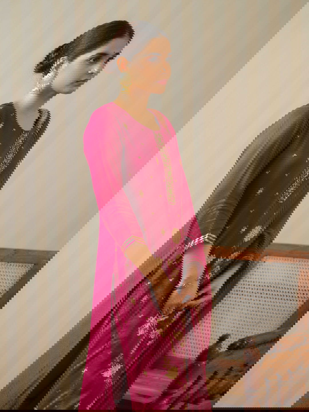 Magenta Pink Floral Embroidered Straight Kurta and Trousers With Dupatta - Buy Best Ethnic Wear for Women & Girls | Daily Woman -