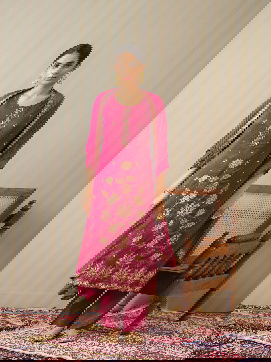 Magenta Pink Floral Embroidered Straight Kurta and Trousers With Dupatta - Buy Best Ethnic Wear for Women & Girls | Daily Woman -