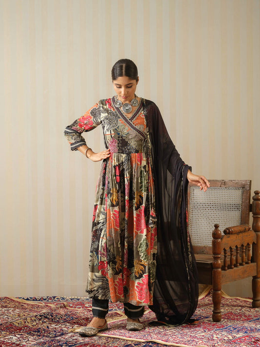 Multi Printed Floral Anarkali Kurta and Trousers With Dupatta - Buy Best Ethnic Wear for Women & Girls | Daily Woman -