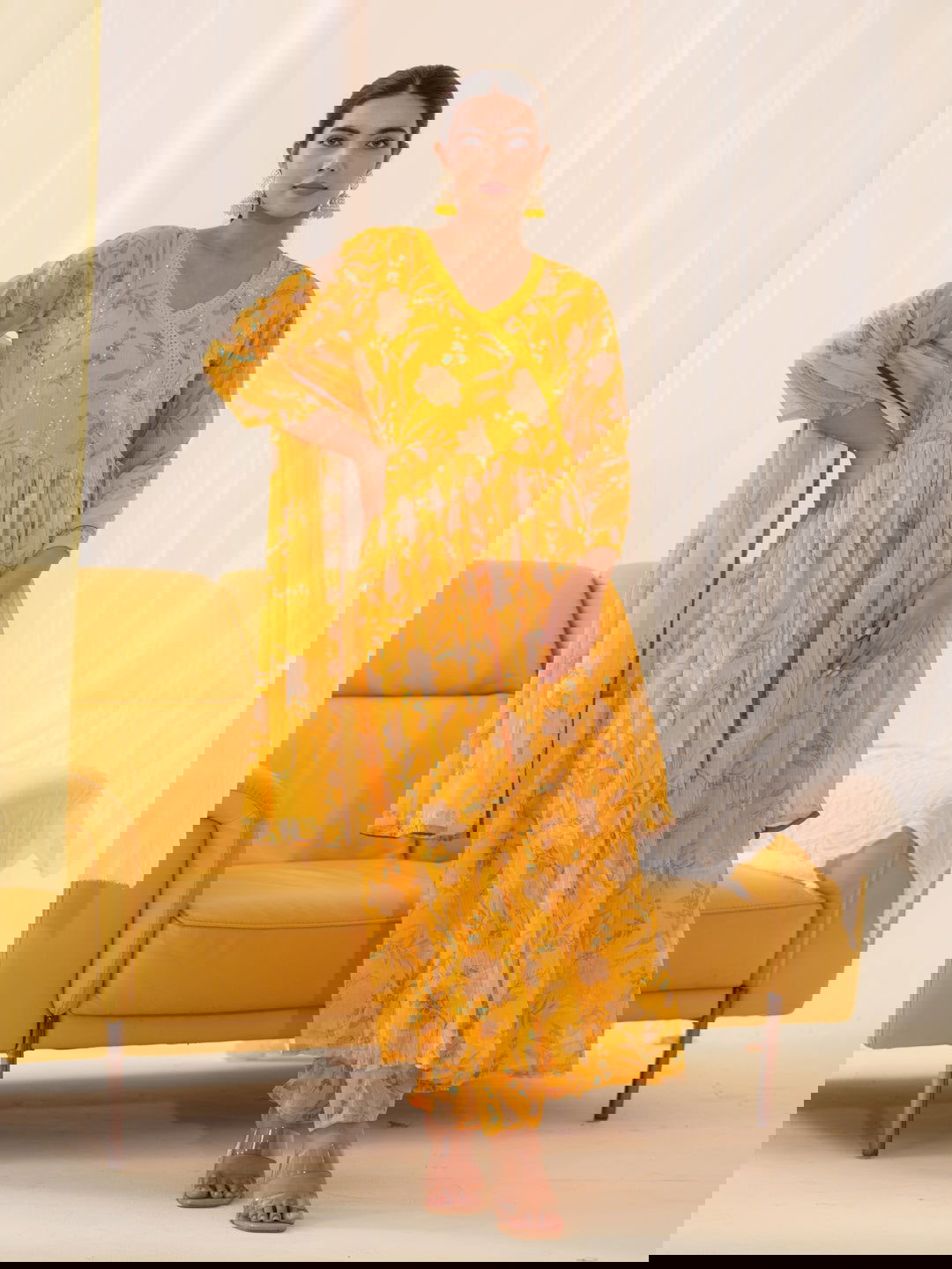 Mustard Chiffon Printed Flared Kurta Set - Buy Best Ethnic Wear for Women & Girls | Daily Woman -