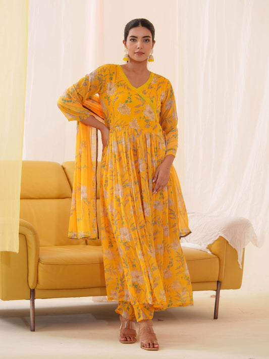 Mustard Chiffon Printed Flared Kurta Set - Buy Best Ethnic Wear for Women & Girls | Daily Woman -