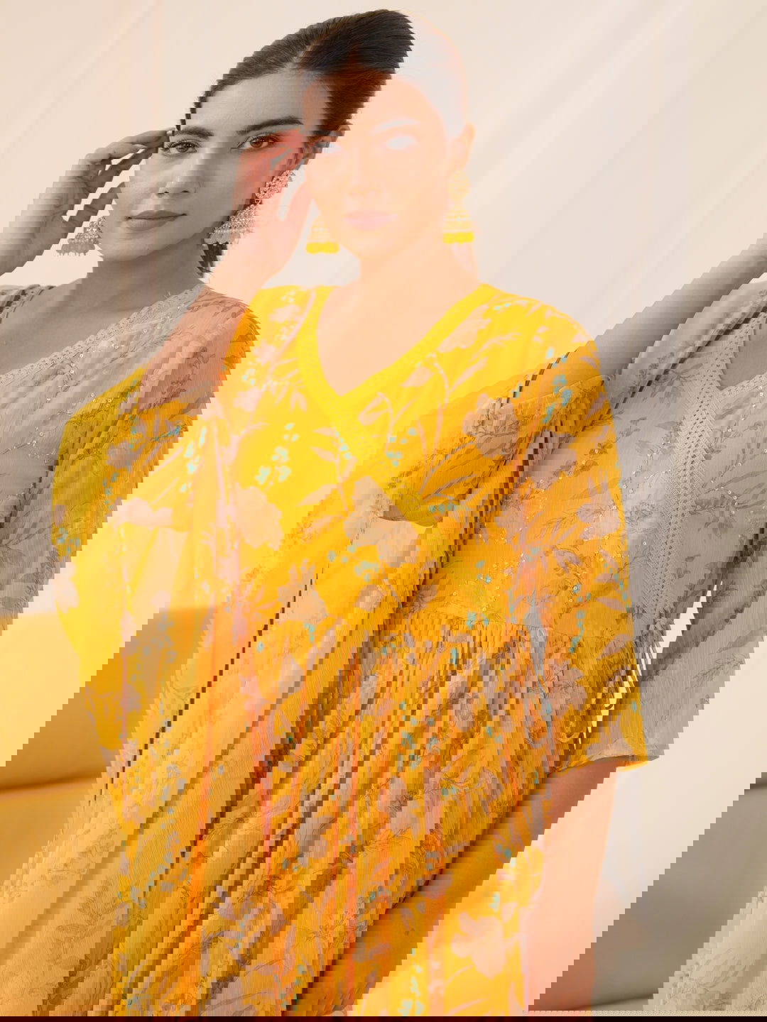 Mustard Chiffon Printed Flared Kurta Set - Buy Best Ethnic Wear for Women & Girls | Daily Woman -