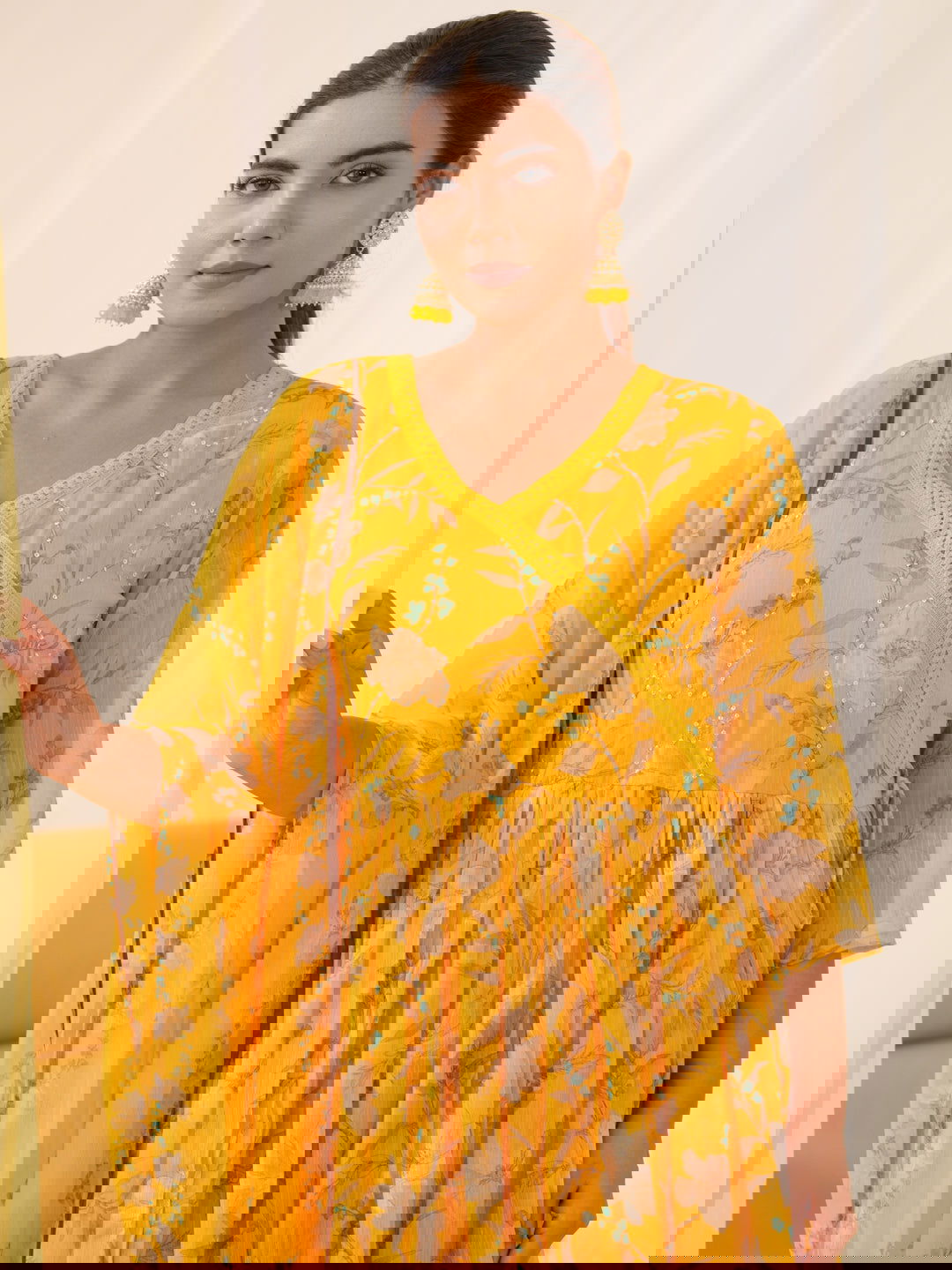 Mustard Chiffon Printed Flared Kurta Set - Buy Best Ethnic Wear for Women & Girls | Daily Woman -