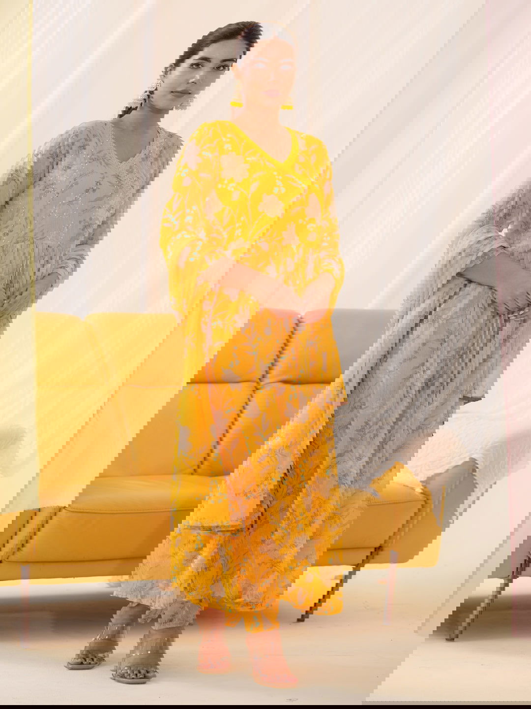 Mustard Chiffon Printed Flared Kurta Set - Buy Best Ethnic Wear for Women & Girls | Daily Woman -