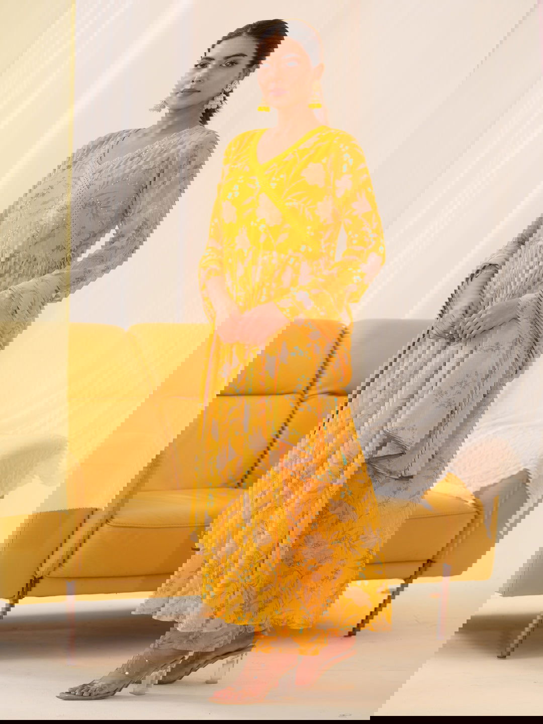 Mustard Chiffon Printed Flared Kurta Set - Buy Best Ethnic Wear for Women & Girls | Daily Woman -