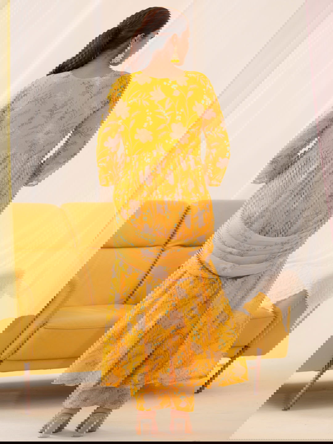 Mustard Chiffon Printed Flared Kurta Set - Buy Best Ethnic Wear for Women & Girls | Daily Woman -