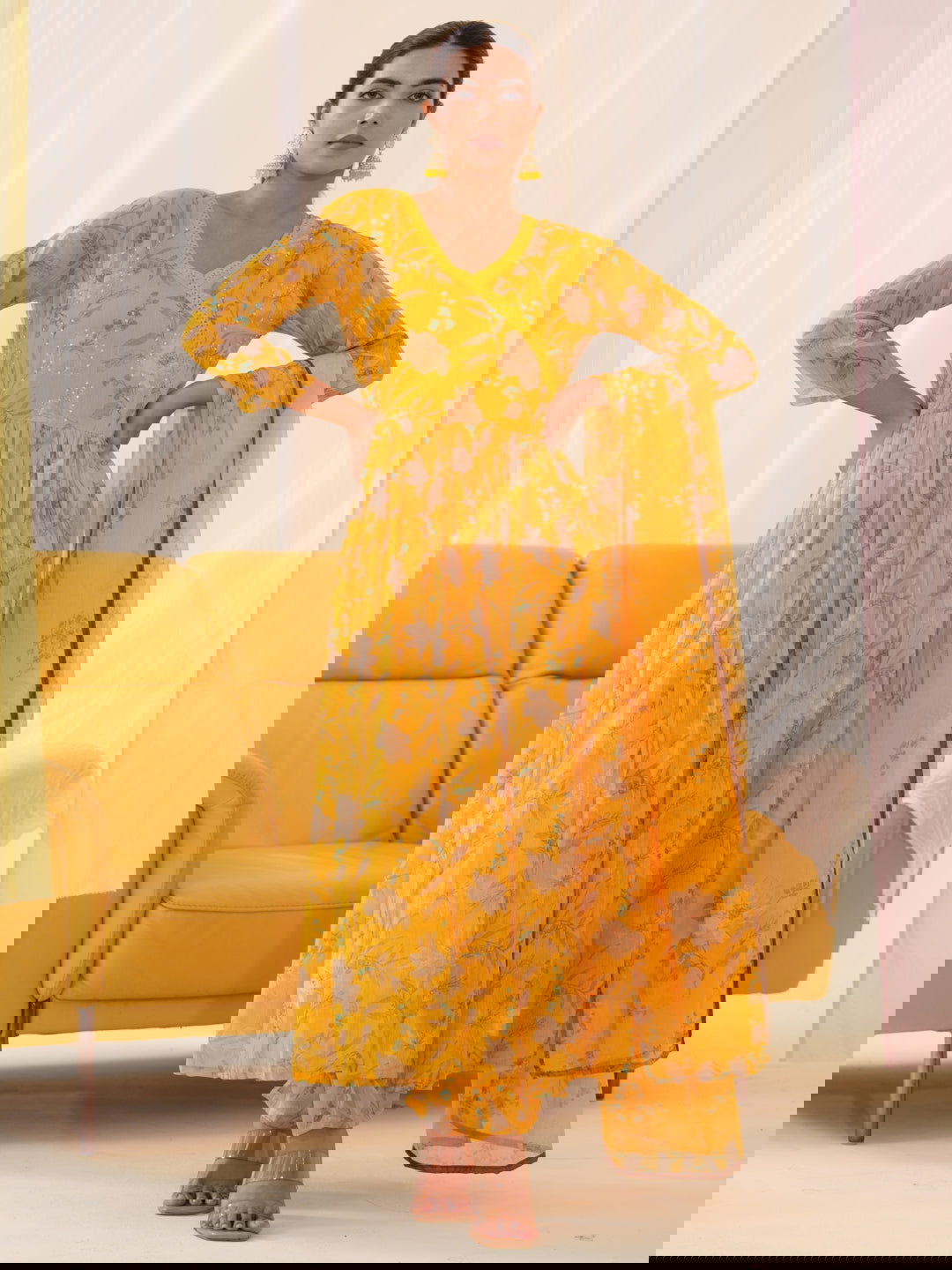 Mustard Chiffon Printed Flared Kurta Set - Buy Best Ethnic Wear for Women & Girls | Daily Woman -