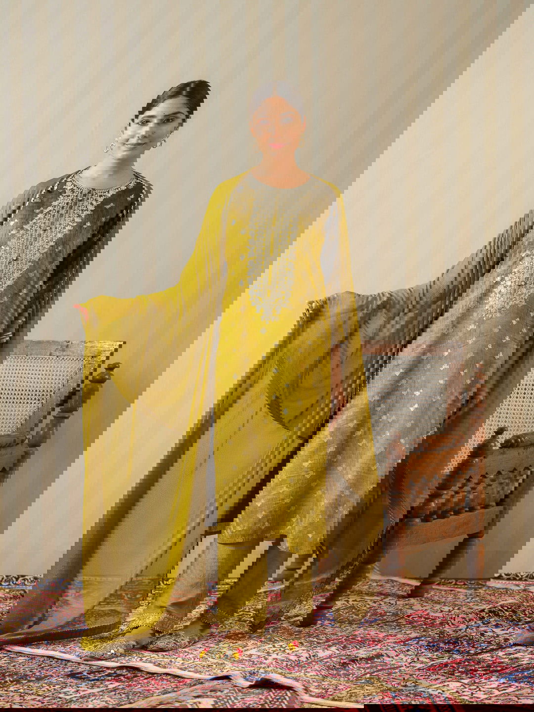 Mustard Embroidered Floral Straight Kurta and Trousers With Dupatta - Buy Best Ethnic Wear for Women & Girls | Daily Woman -