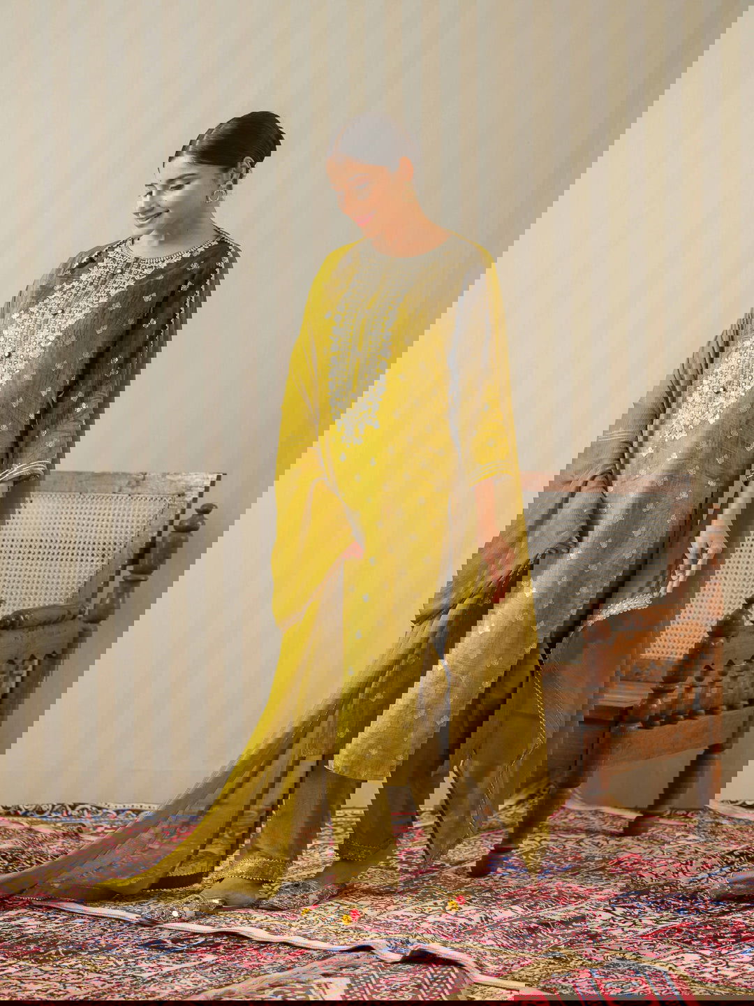 Mustard Embroidered Floral Straight Kurta and Trousers With Dupatta - Buy Best Ethnic Wear for Women & Girls | Daily Woman -