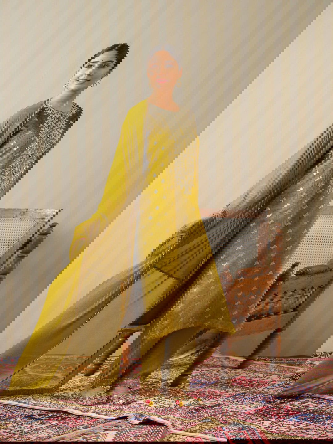 Mustard Embroidered Floral Straight Kurta and Trousers With Dupatta - Buy Best Ethnic Wear for Women & Girls | Daily Woman -