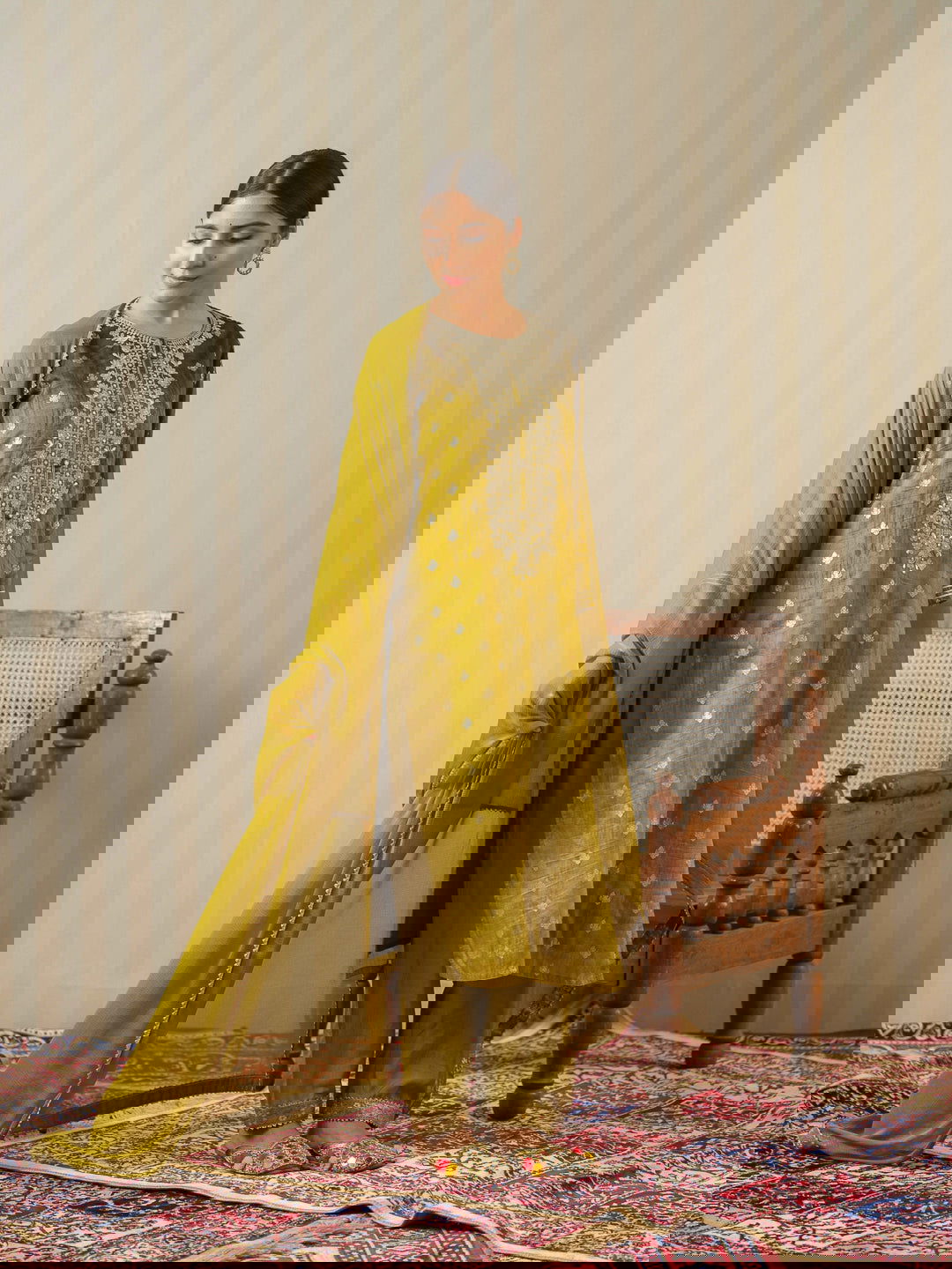 Mustard Embroidered Floral Straight Kurta and Trousers With Dupatta - Buy Best Ethnic Wear for Women & Girls | Daily Woman -