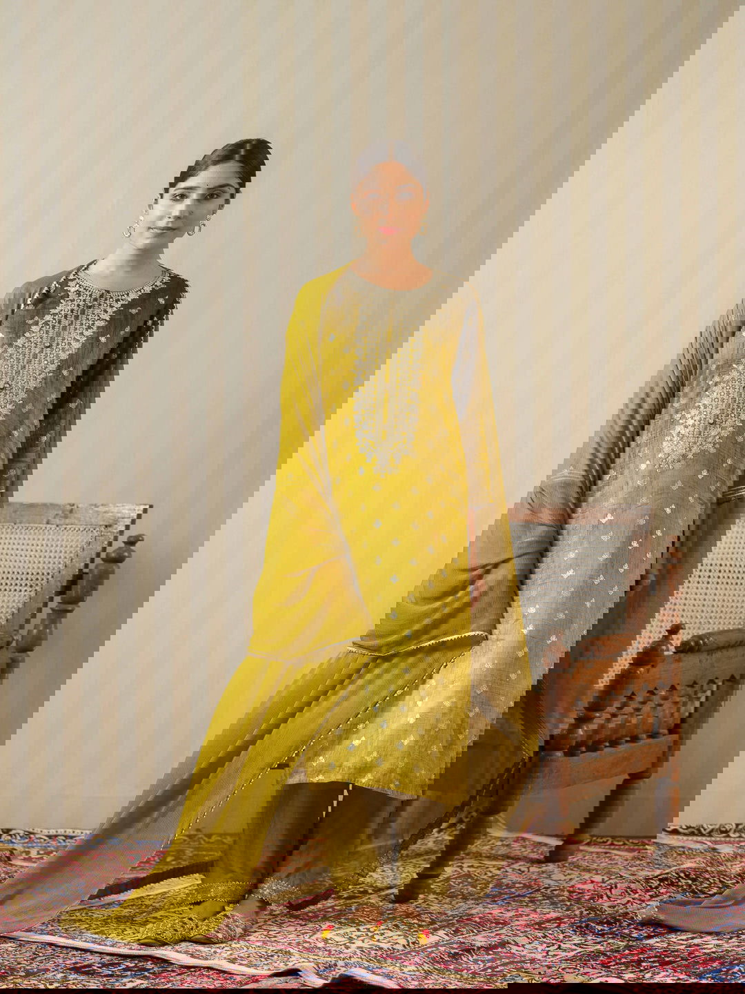 Mustard Embroidered Floral Straight Kurta and Trousers With Dupatta - Buy Best Ethnic Wear for Women & Girls | Daily Woman -