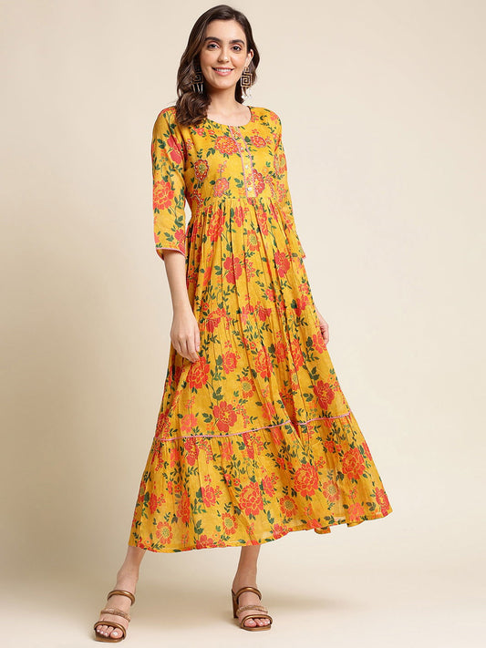 Mustard Flared Printed Empire Ethnic Dresses - Buy Best Ethnic Wear for Women & Girls | Daily Woman -