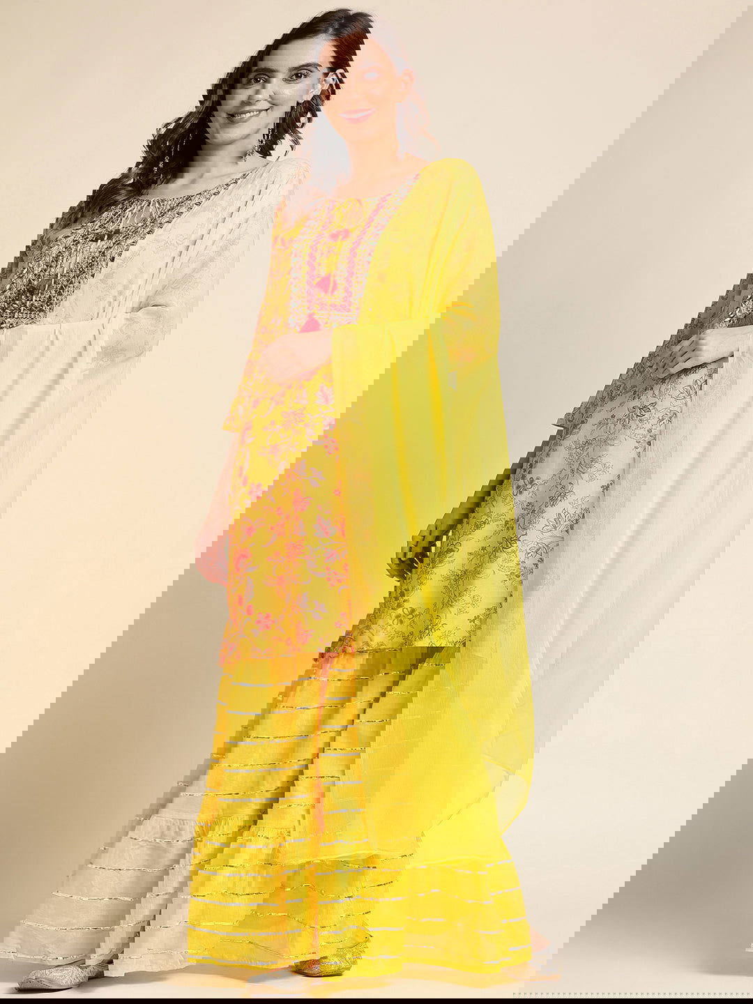 Mustard Floral Yoke Design Straight Kurti and Sharara With Dupatta - Buy Best Ethnic Wear for Women & Girls | Daily Woman -