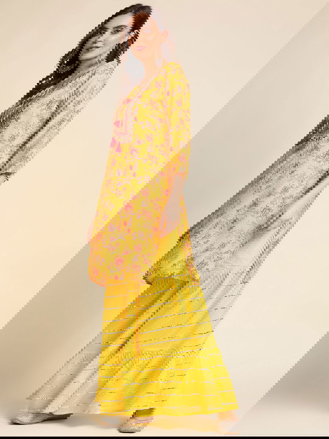 Mustard Floral Yoke Design Straight Kurti and Sharara With Dupatta - Buy Best Ethnic Wear for Women & Girls | Daily Woman -