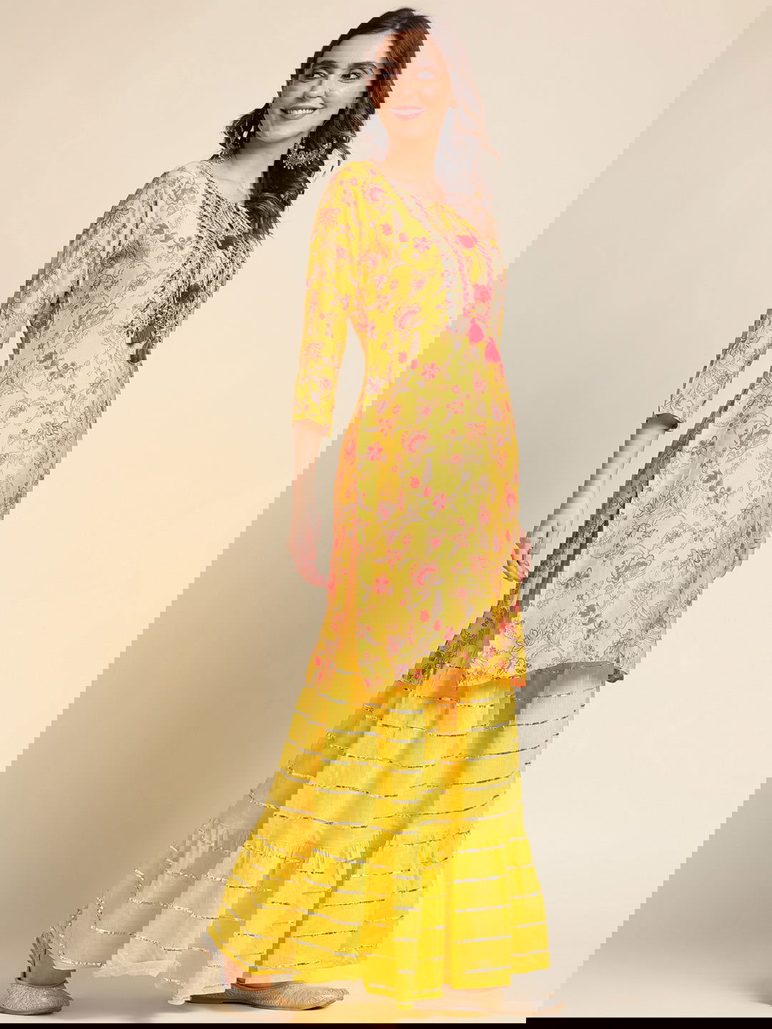 Mustard Floral Yoke Design Straight Kurti and Sharara With Dupatta - Buy Best Ethnic Wear for Women & Girls | Daily Woman -