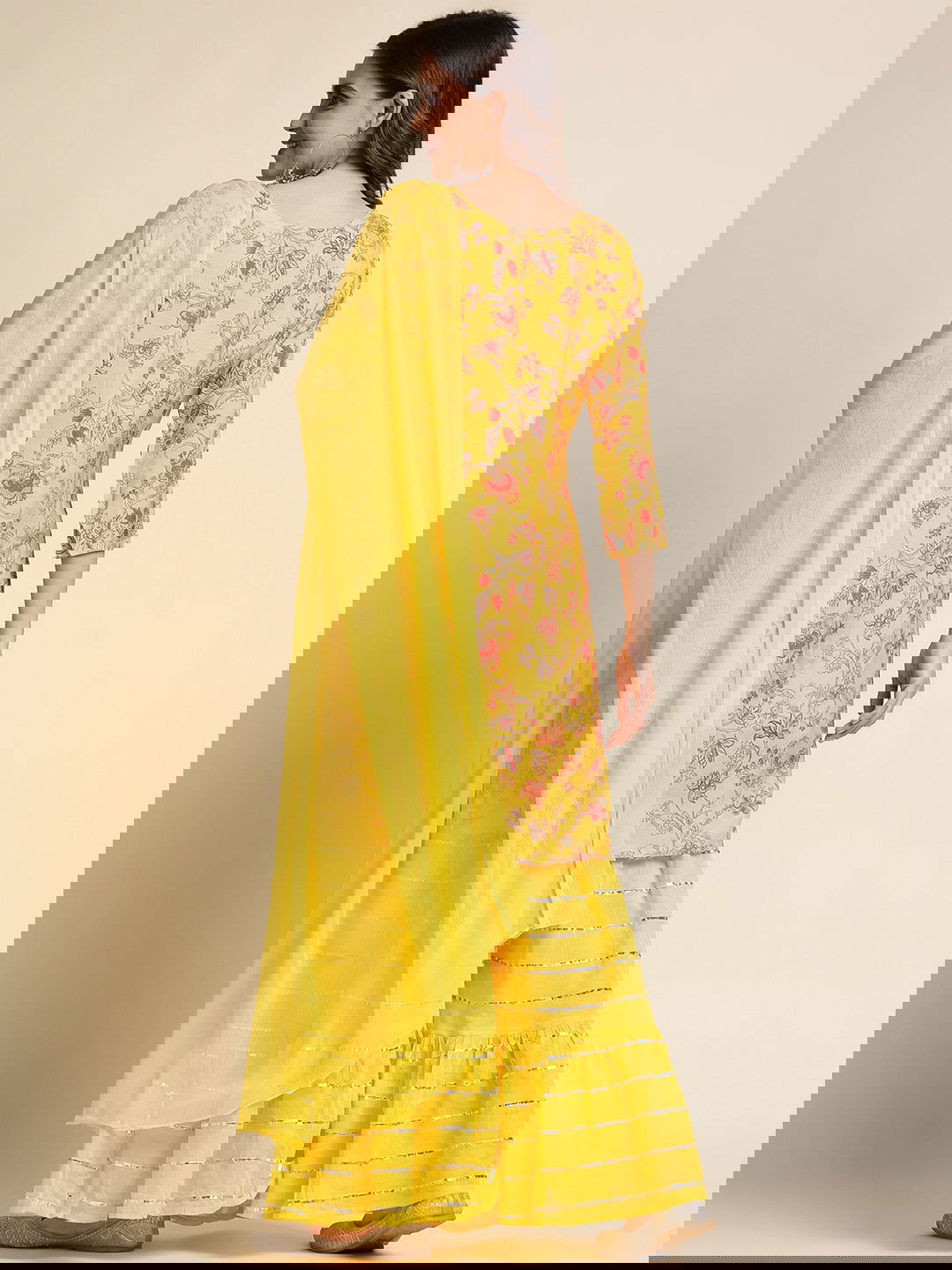 Mustard Floral Yoke Design Straight Kurti and Sharara With Dupatta - Buy Best Ethnic Wear for Women & Girls | Daily Woman -