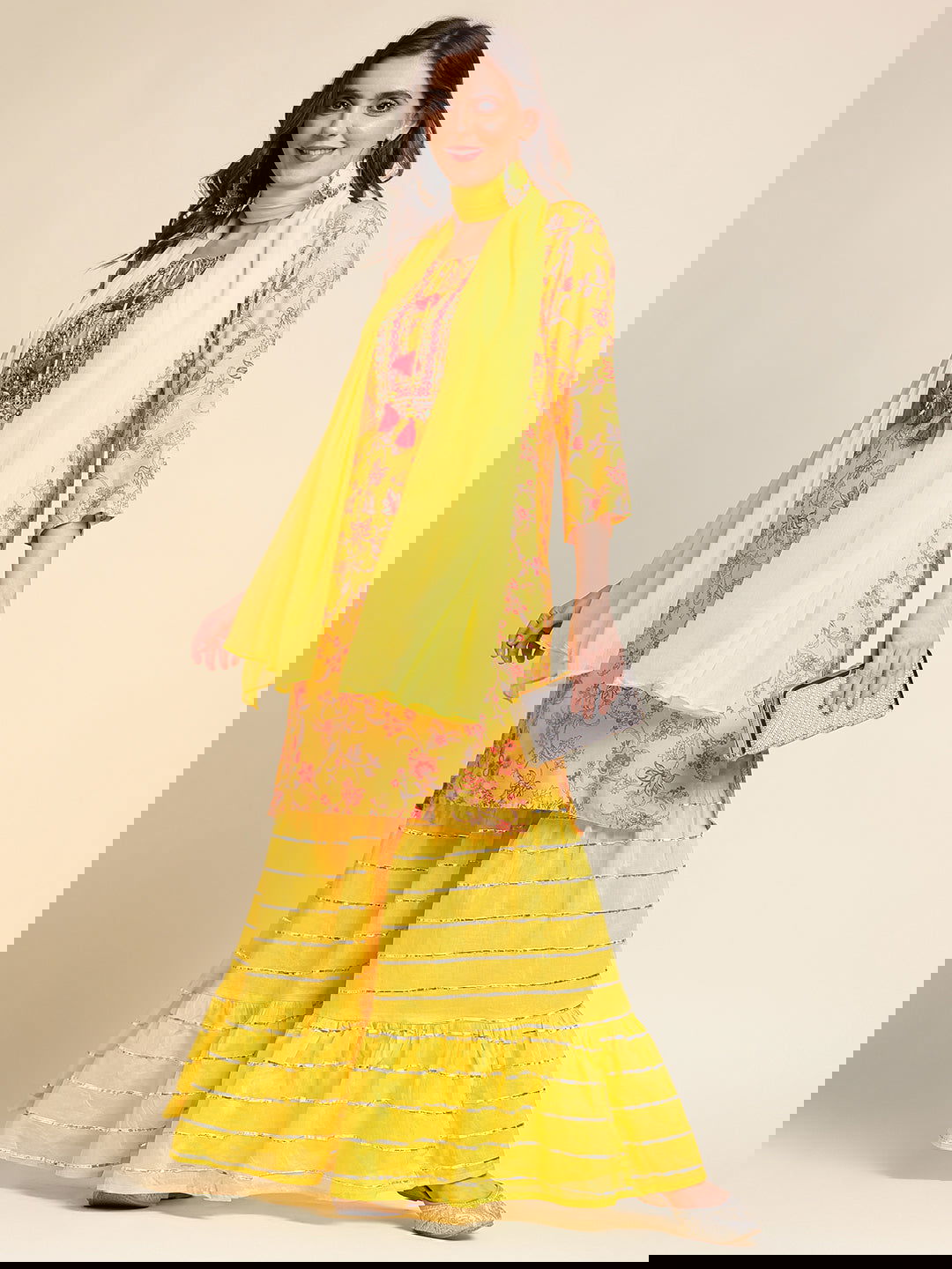 Mustard Floral Yoke Design Straight Kurti and Sharara With Dupatta - Buy Best Ethnic Wear for Women & Girls | Daily Woman -