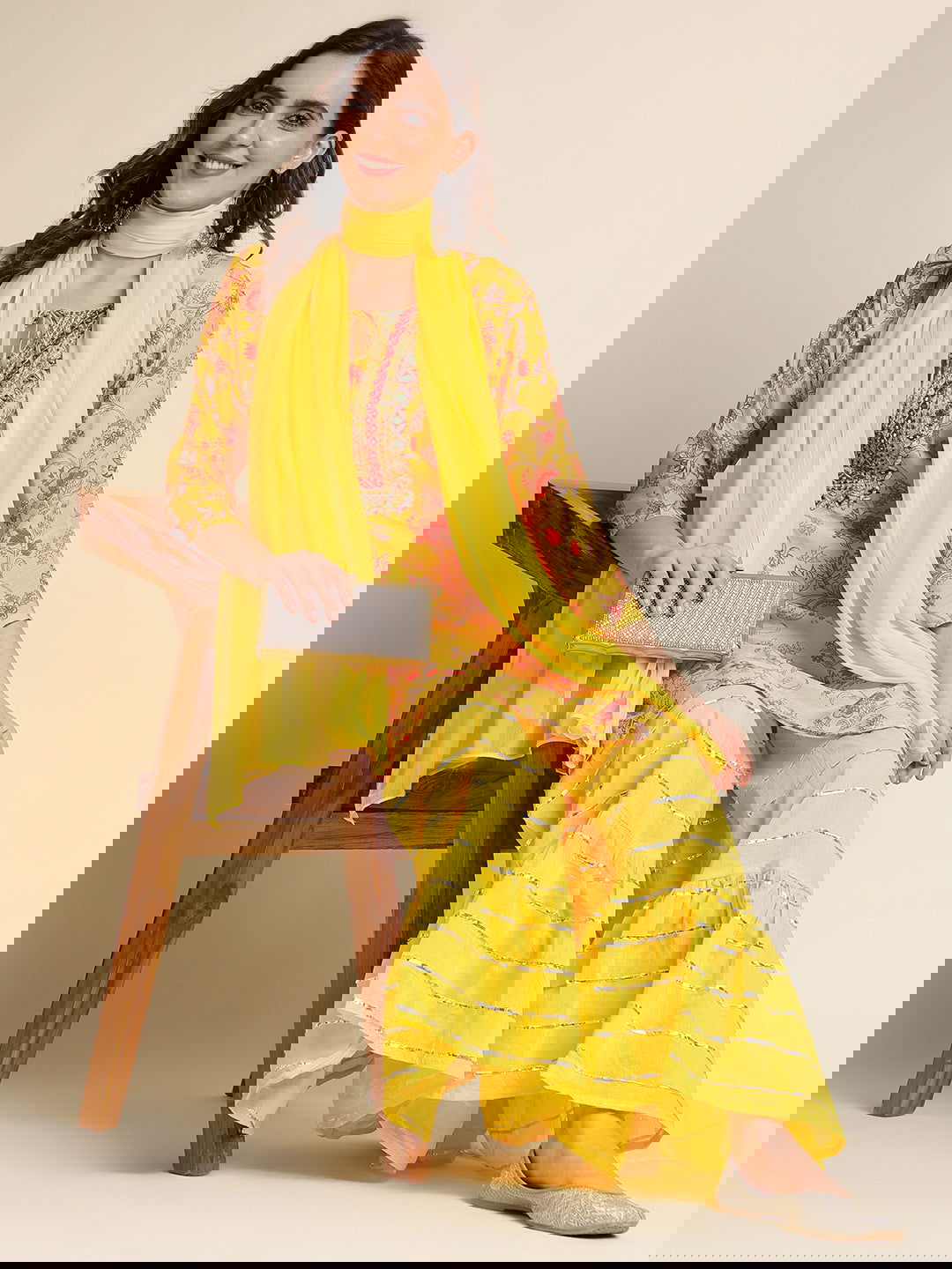 Mustard Floral Yoke Design Straight Kurti and Sharara With Dupatta - Buy Best Ethnic Wear for Women & Girls | Daily Woman -