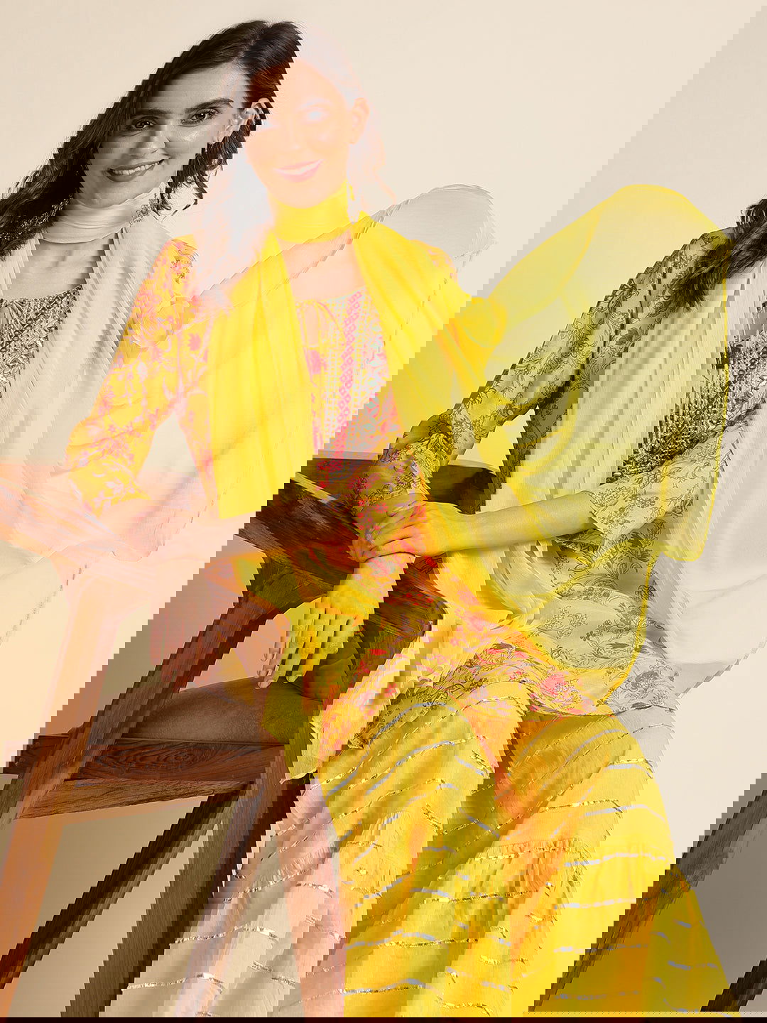 Mustard Floral Yoke Design Straight Kurti and Sharara With Dupatta - Buy Best Ethnic Wear for Women & Girls | Daily Woman -