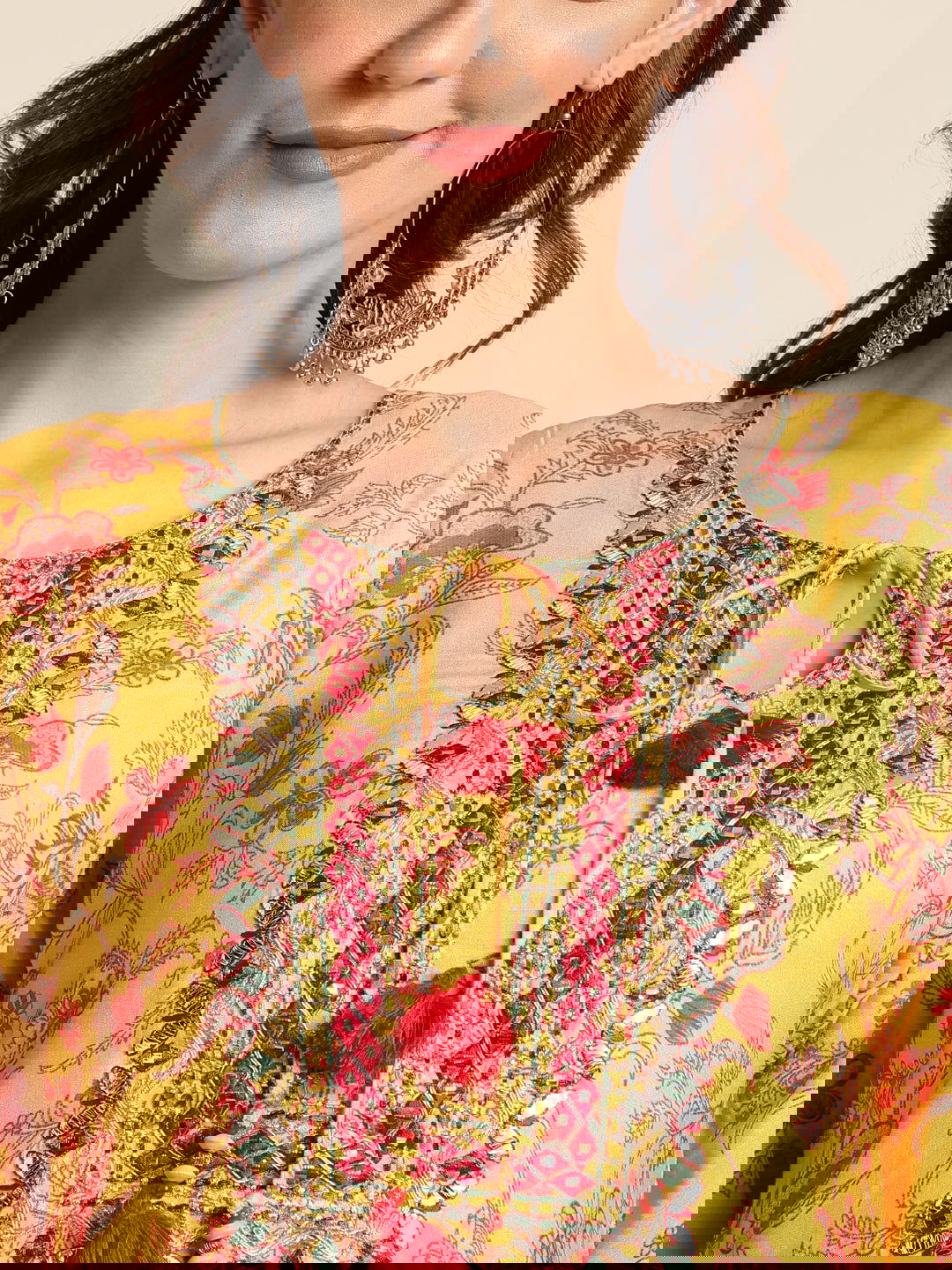 Mustard Floral Yoke Design Straight Kurti and Sharara With Dupatta - Buy Best Ethnic Wear for Women & Girls | Daily Woman -