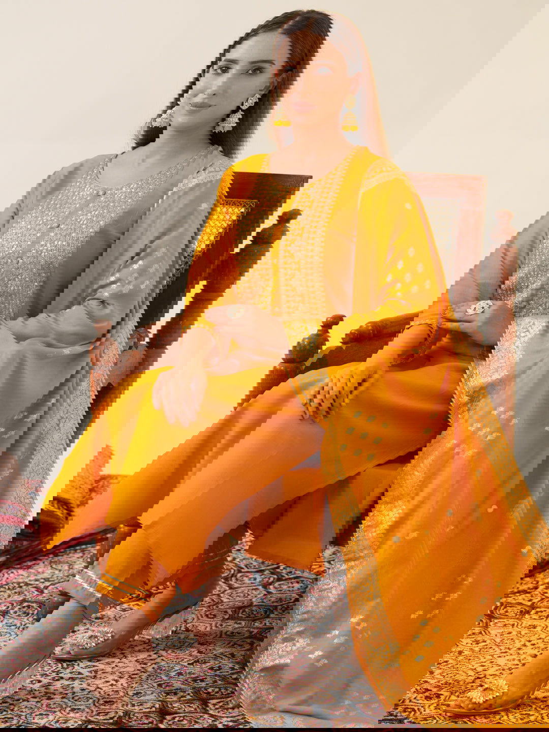 Mustrad Color Poly Chinon Ethnic Motifs Woven Design Zari Regular Kurta with Trousers & Banarasi Dupatta - Buy Best Ethnic Wear for Women & Girls | Daily Woman -