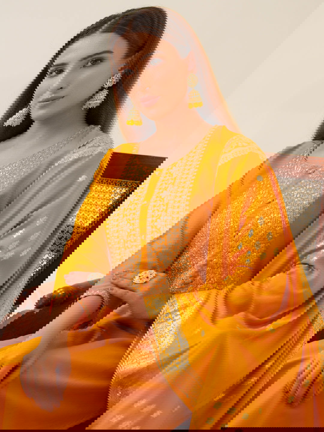 Mustrad Color Poly Chinon Ethnic Motifs Woven Design Zari Regular Kurta with Trousers & Banarasi Dupatta - Buy Best Ethnic Wear for Women & Girls | Daily Woman -