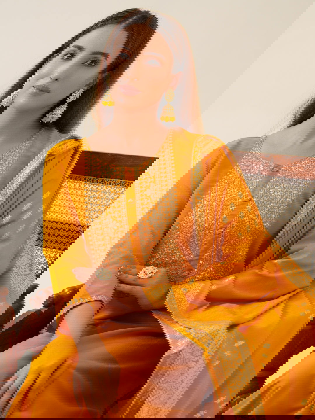 Mustrad Color Poly Chinon Ethnic Motifs Woven Design Zari Regular Kurta with Trousers & Banarasi Dupatta - Buy Best Ethnic Wear for Women & Girls | Daily Woman -