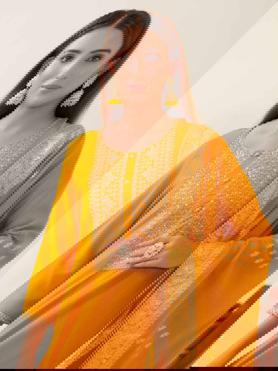 Mustrad Color Poly Chinon Ethnic Motifs Woven Design Zari Regular Kurta with Trousers & Banarasi Dupatta - Buy Best Ethnic Wear for Women & Girls | Daily Woman -