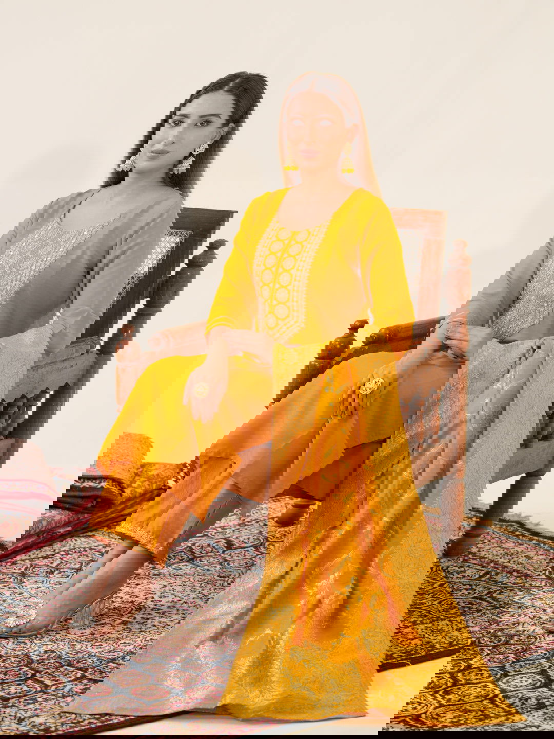 Mustrad Color Poly Chinon Ethnic Motifs Woven Design Zari Regular Kurta with Trousers & Banarasi Dupatta - Buy Best Ethnic Wear for Women & Girls | Daily Woman -