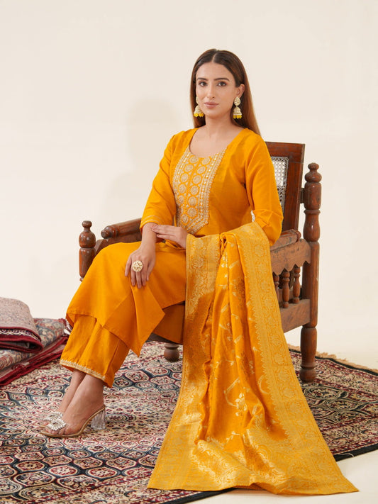 Mustrad Color Poly Chinon Ethnic Motifs Woven Design Zari Regular Kurta with Trousers & Banarasi Dupatta - Buy Best Ethnic Wear for Women & Girls | Daily Woman -